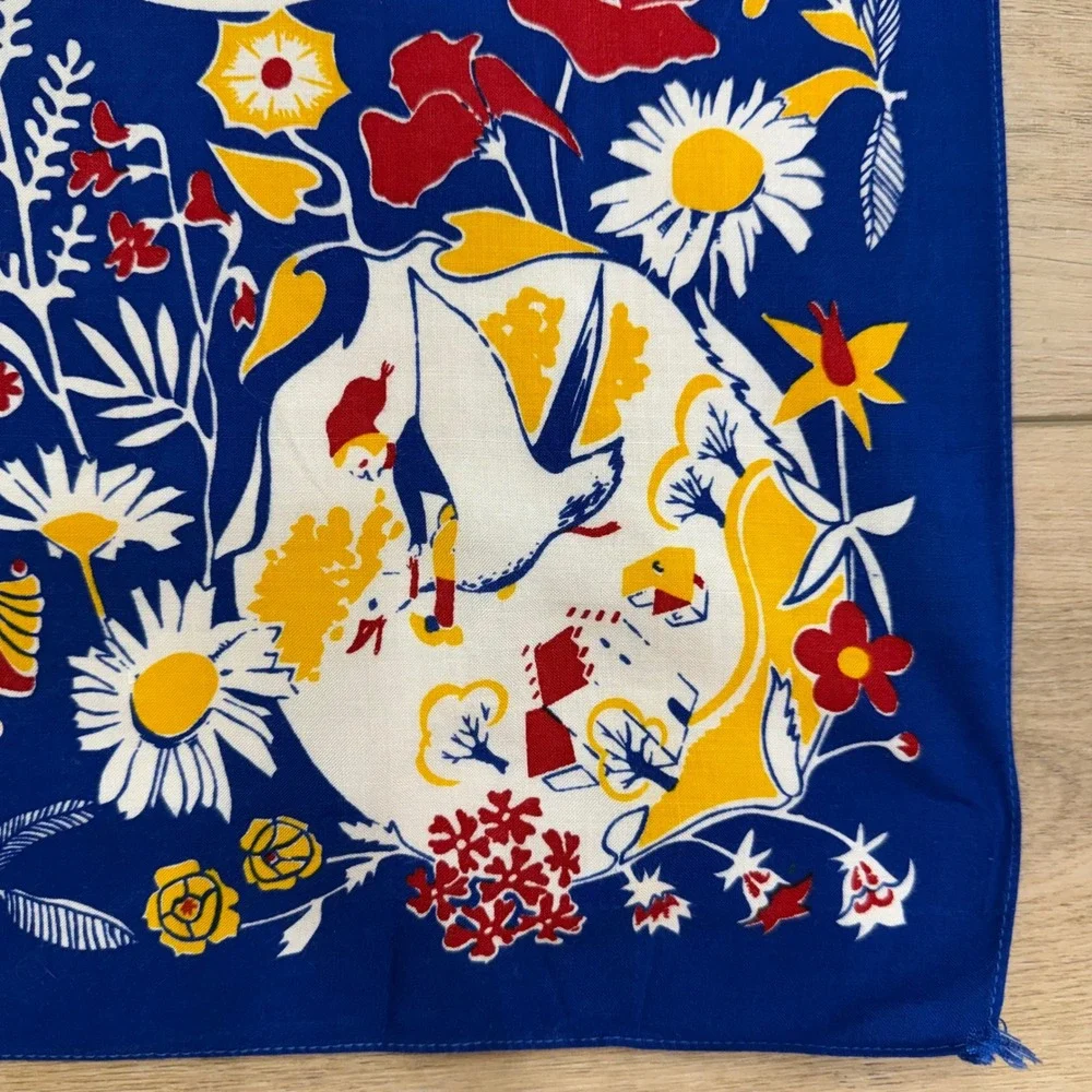 Vintage Swedish Bandanna Scarf Ahrnebergs AB Hand Printed Blue Folk Art 25